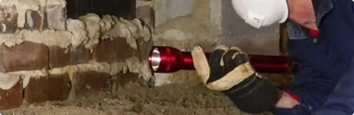 Pest control technician inspecting a crawl space for ant activity in Syracuse, UT